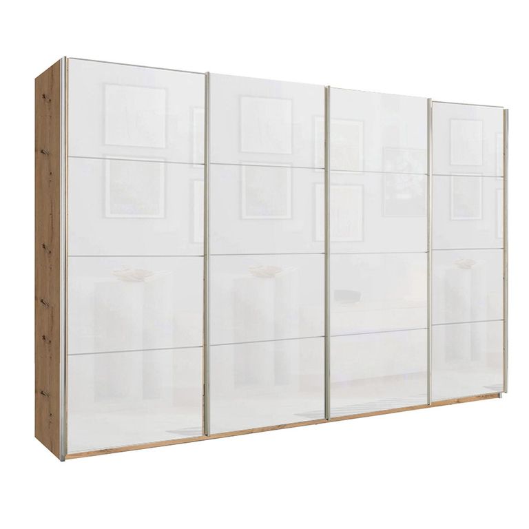 Beluga Extra Sliding Wardrobe - 361cm - 4 Door - Artisan Oak & White Glass