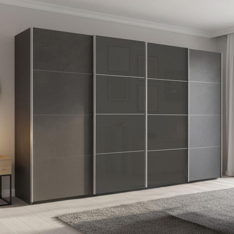 Beluga Extra Sliding Wardrobe - 361cm - 4 Door - Graphite & Basalt Glass Front