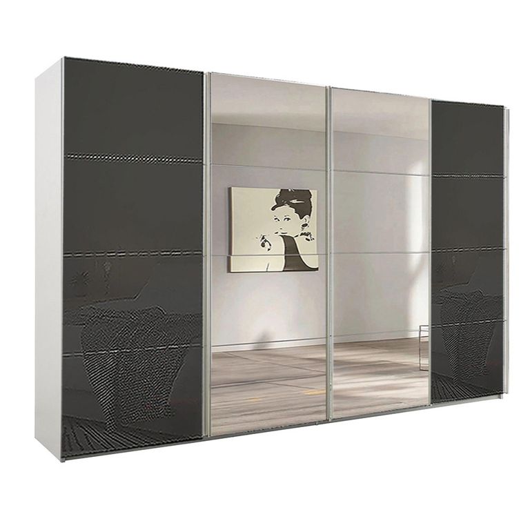 Beluga Extra Sliding Wardrobe - 361cm - 4 Door - Mirror - Alpine White & Basalt Glass
