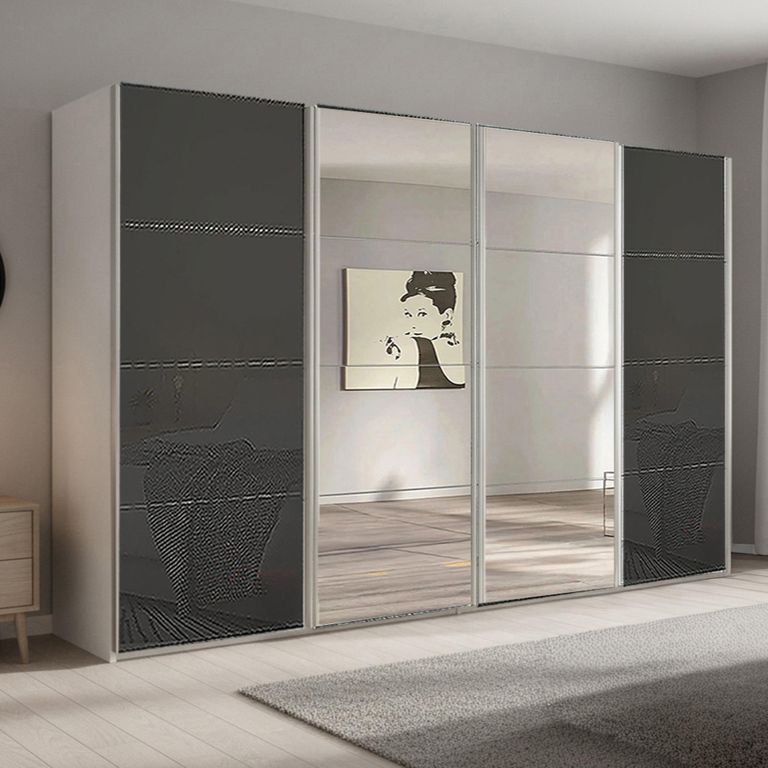 Beluga Extra Sliding Wardrobe - 361cm - 4 Door - Mirror - Alpine White & Basalt Glass