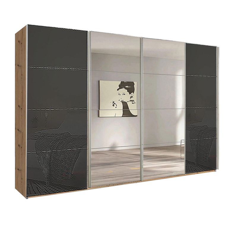 Beluga Extra Sliding Wardrobe - 361cm - 4 Door - Mirror - Artisan Oak & Basalt Glass