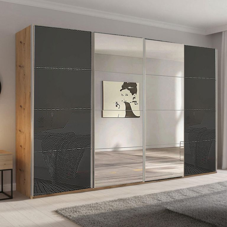 Beluga Extra Sliding Wardrobe - 361cm - 4 Door - Mirror - Artisan Oak & Basalt Glass
