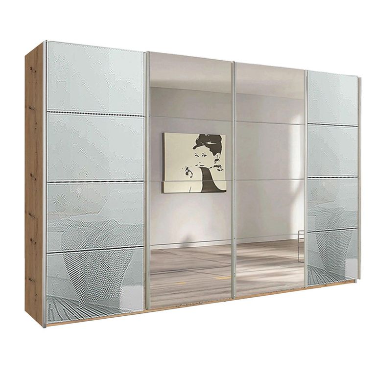 Beluga Extra Sliding Wardrobe - 361cm - 4 Door - Mirror - Artisan Oak & Silk Grey Glass