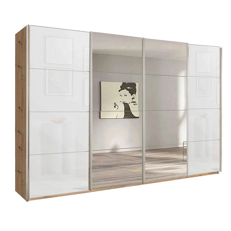 Beluga Extra Sliding Wardrobe - 361cm - 4 Door - Mirror - Artisan Oak & White Glass