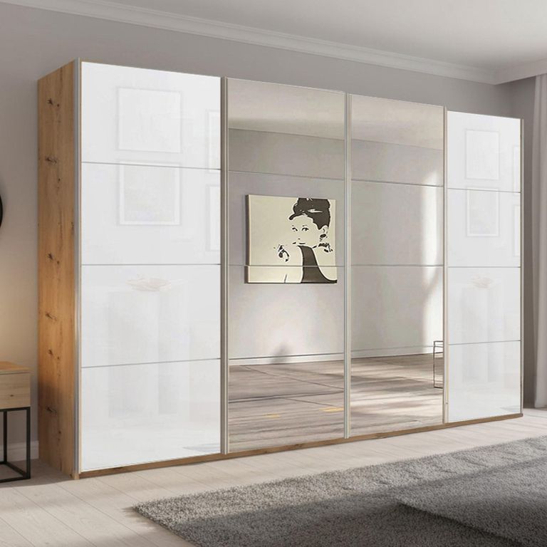 Beluga Extra Sliding Wardrobe - 361cm - 4 Door - Mirror - Artisan Oak & White Glass