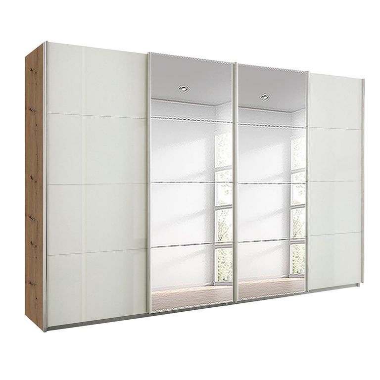 Beluga Extra Sliding Wardrobe - 361cm - 4 Door - Mirror - Artisan Oak & White High Gloss