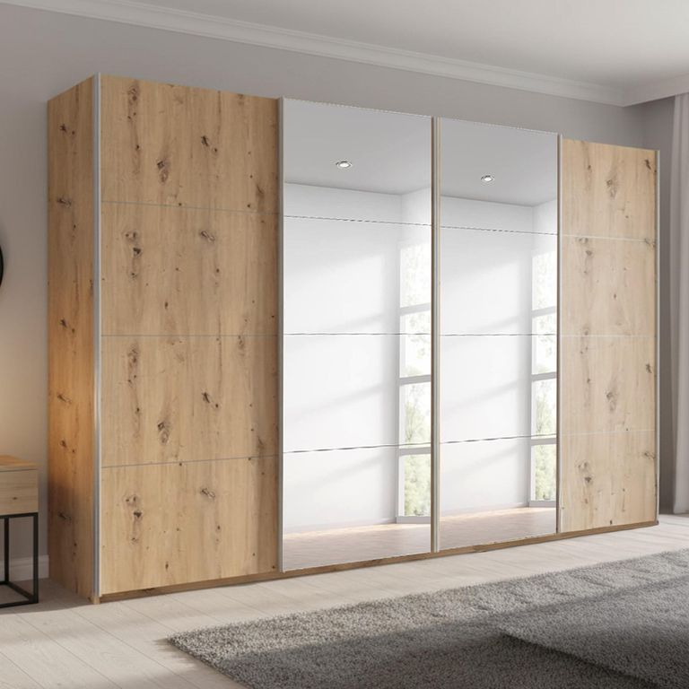 Beluga Extra Sliding Wardrobe - 361cm - 4 Door - Mirror - Artisan Oak