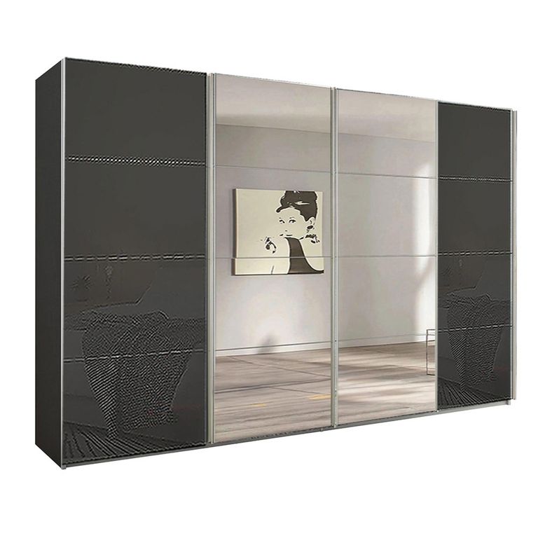 Beluga Extra Sliding Wardrobe - 361cm - 4 Door - Mirror - Graphite & Basalt Glass