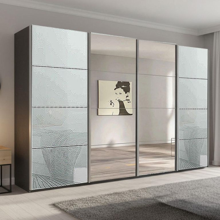 Beluga Extra Sliding Wardrobe - 361cm - 4 Door - Mirror - Graphite & Silk Grey Glass