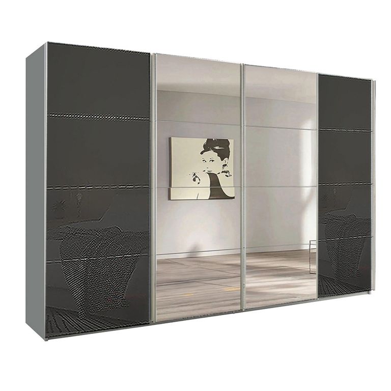 Beluga Extra Sliding Wardrobe - 361cm - 4 Door - Mirror - Silk Grey & Basalt Glass