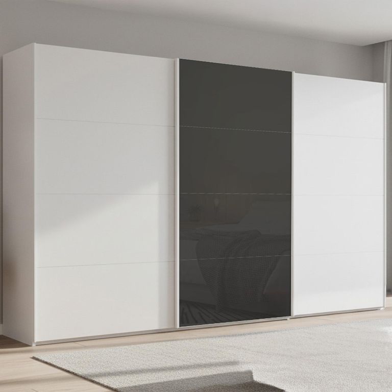 Beluga Extra Sliding Wardrobe - 406cm - 3 Door - Alpine White & Basalt Glass Front