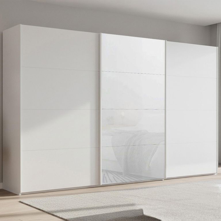 Beluga Extra Sliding Wardrobe - 406cm - 3 Door - Alpine White & White Glass Front