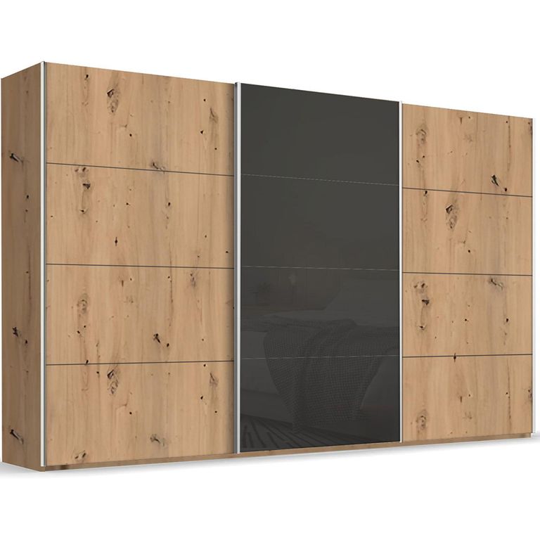 Beluga Extra Sliding Wardrobe - 406cm - 3 Door - Artisan Oak & Basalt Glass Front