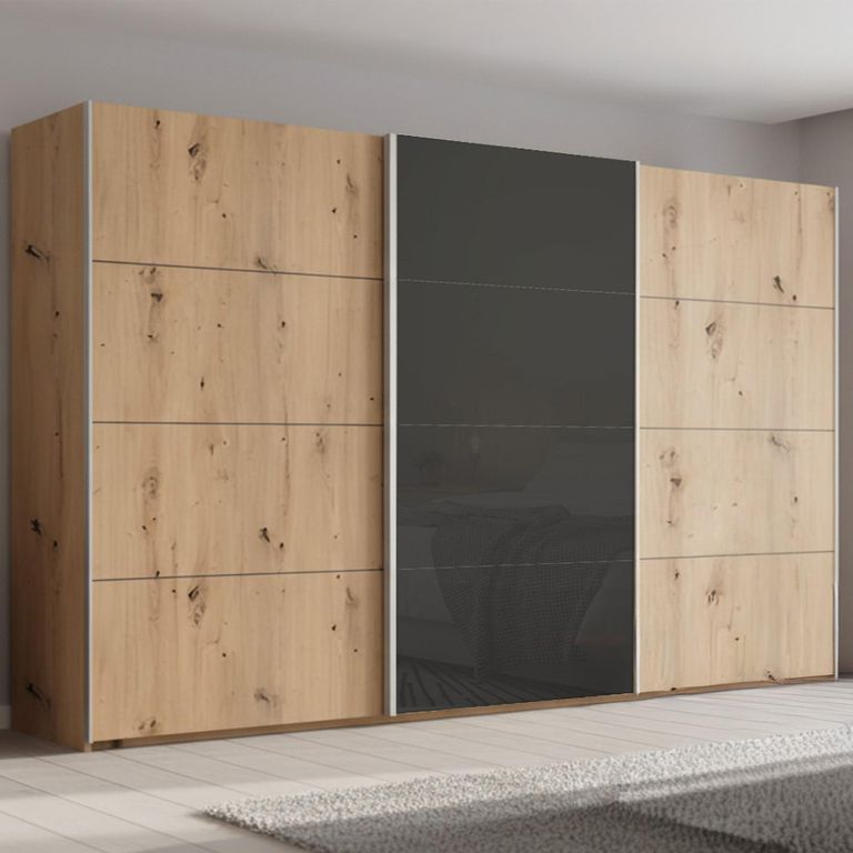 Beluga Extra Sliding Wardrobe - 406cm - 3 Door - Artisan Oak & Basalt Glass Front