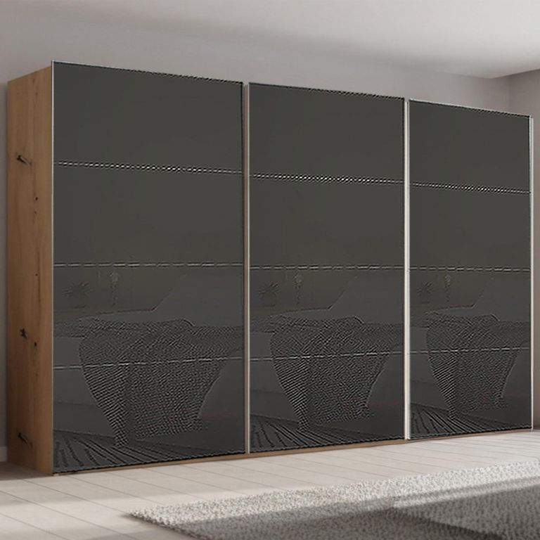 Beluga Extra Sliding Wardrobe - 406cm - 3 Door - Artisan Oak & Basalt Glass