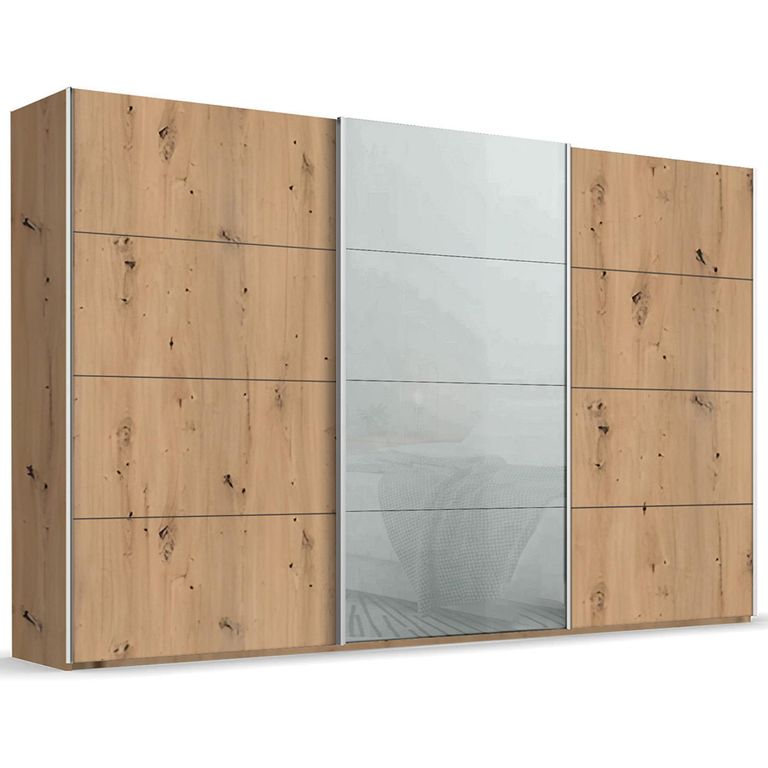 Beluga Extra Sliding Wardrobe - 406cm - 3 Door - Artisan Oak & Silk Grey Glass Front