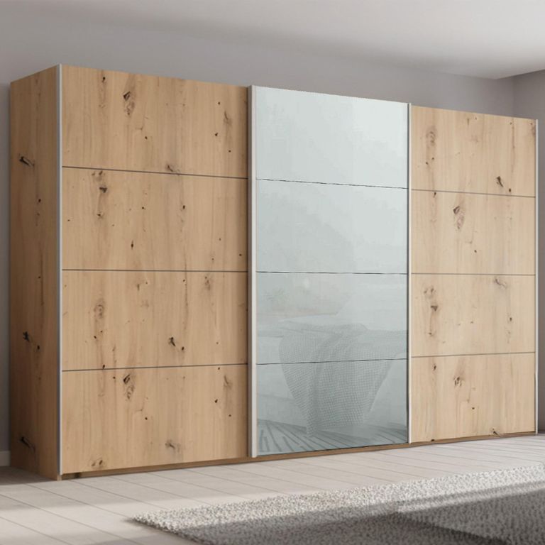 Beluga Extra Sliding Wardrobe - 406cm - 3 Door - Artisan Oak & Silk Grey Glass Front