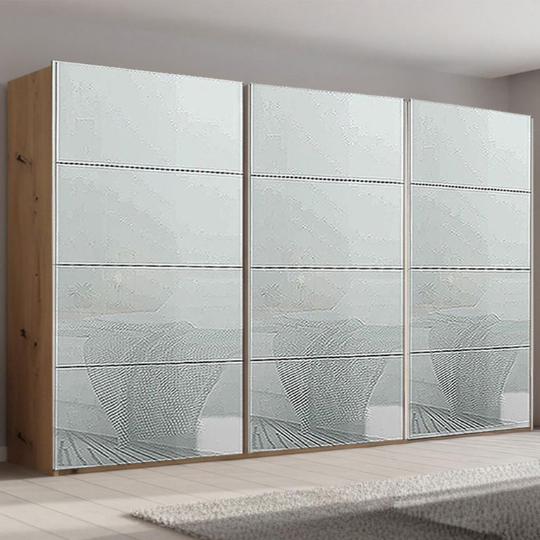 Beluga Extra Sliding Wardrobe - 406cm - 3 Door - Artisan Oak & Silk Grey Glass