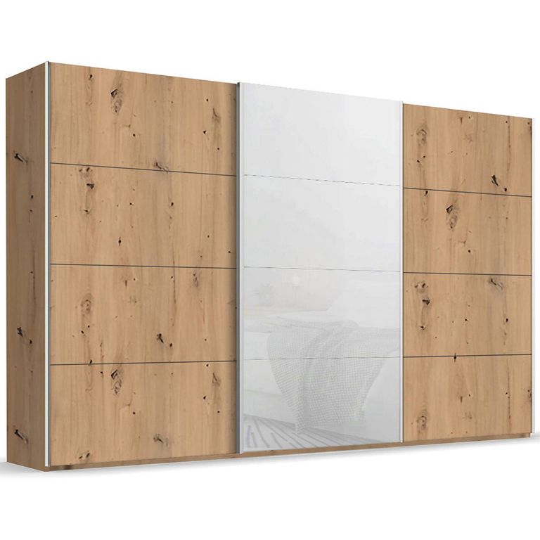 Beluga Extra Sliding Wardrobe - 406cm - 3 Door - Artisan Oak & White Glass Front