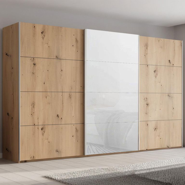 Beluga Extra Sliding Wardrobe - 406cm - 3 Door - Artisan Oak & White Glass Front