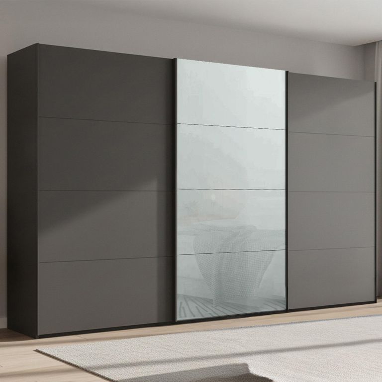 Beluga Extra Sliding Wardrobe - 406cm - 3 Door - Graphite & Silk Grey Glass Front