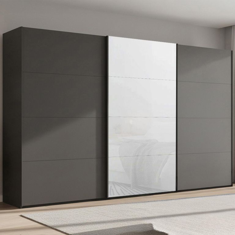 Beluga Extra Sliding Wardrobe - 406cm - 3 Door - Graphite & White Glass Front