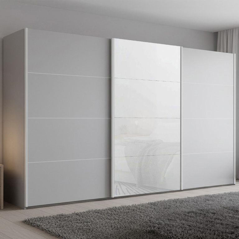 Beluga Extra Sliding Wardrobe - 406cm - 3 Door - Silk Grey & White Glass Front