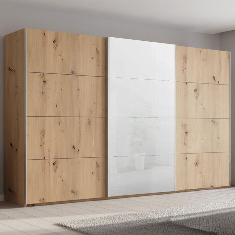 Beluga Extra Sliding Wardrobe - 406cm - 3 Door - White High Gloss & Artisan Oak Front