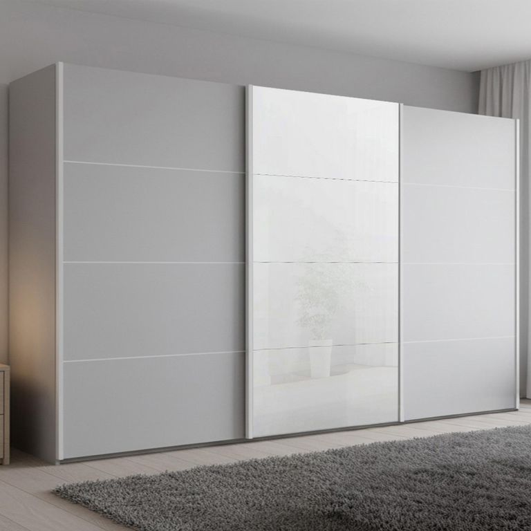 Beluga Extra Sliding Wardrobe - 406cm - 3 Door - White High Gloss & Silk Grey Front