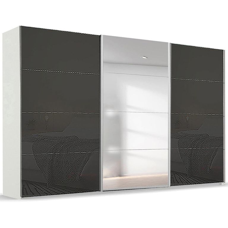 Beluga Extra Sliding Wardrobe - 406cm - 3 Door - Mirror - Alpine White & Basalt Glass