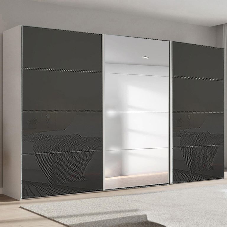 Beluga Extra Sliding Wardrobe - 406cm - 3 Door - Mirror - Alpine White & Basalt Glass