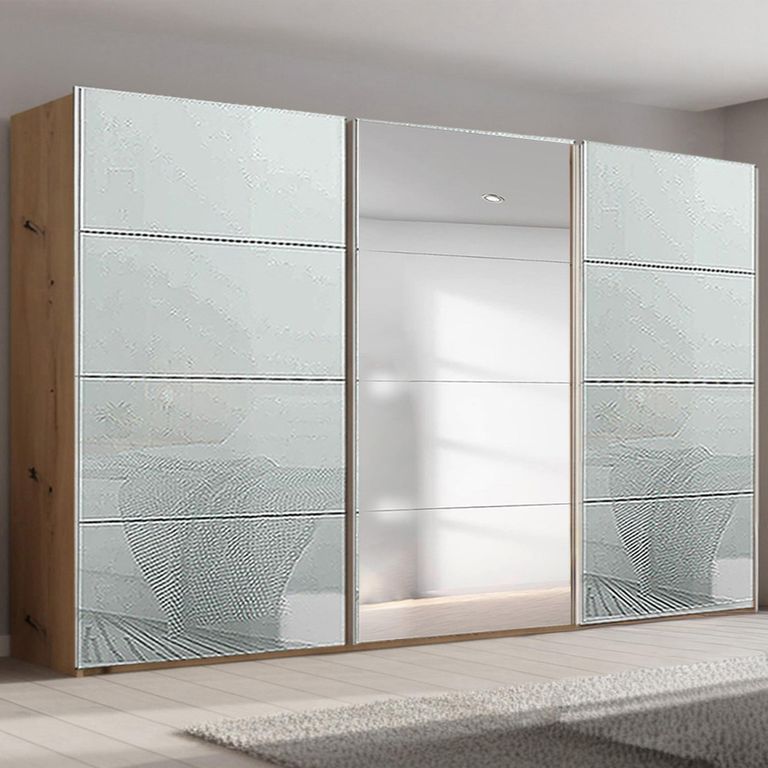 Beluga Extra Sliding Wardrobe - 406cm - 3 Door - Mirror - Artisan Oak & Silk Grey Glass