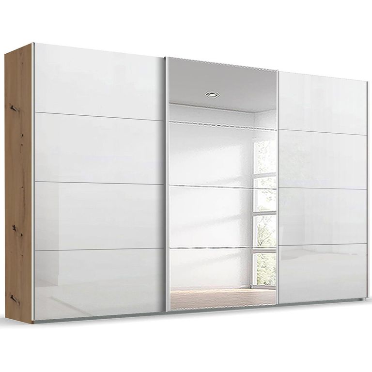 Beluga Extra Sliding Wardrobe - 406cm - 3 Door - Mirror - Artisan Oak & White High Gloss