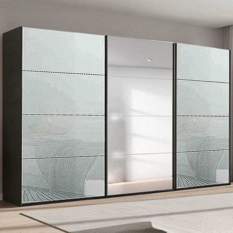 Beluga Extra Sliding Wardrobe - 406cm - 3 Door - Mirror - Graphite & Silk Grey Glass