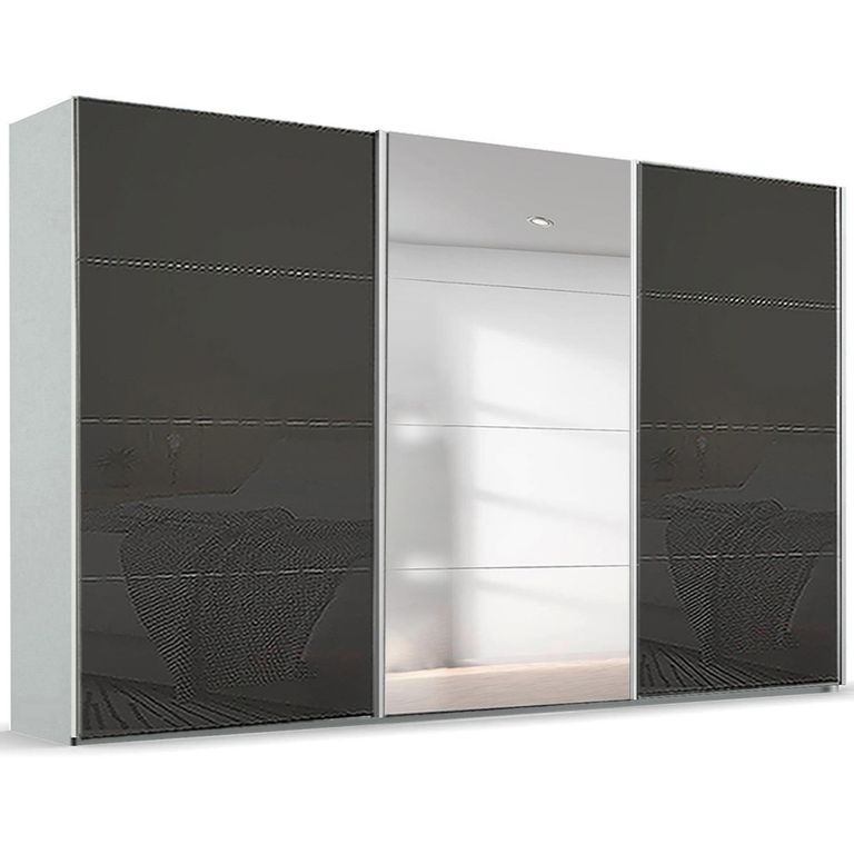 Beluga Extra Sliding Wardrobe - 406cm - 3 Door - Mirror - Silk Grey & Basalt Glass
