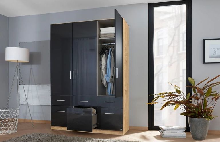 Rauch Celle 136cm 3 Door Black and Oak Wardrobe