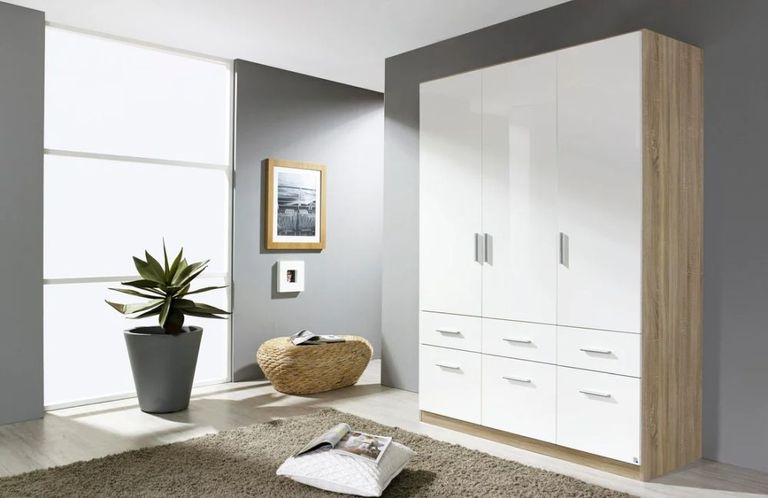 Rauch Celle 136cm Sonoma Oak and White Gloss 3 Door Wardrobe with Drawers