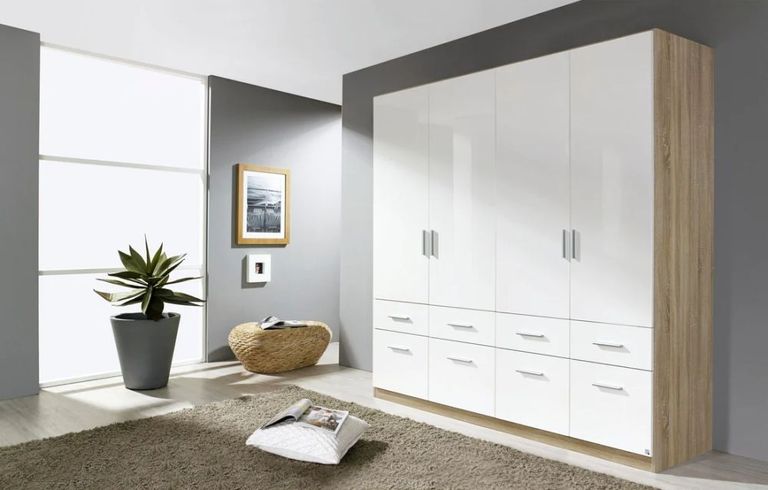 Rauch Celle 181cm Sonoma Oak and White Gloss 4 Door Wardrobe with Drawers