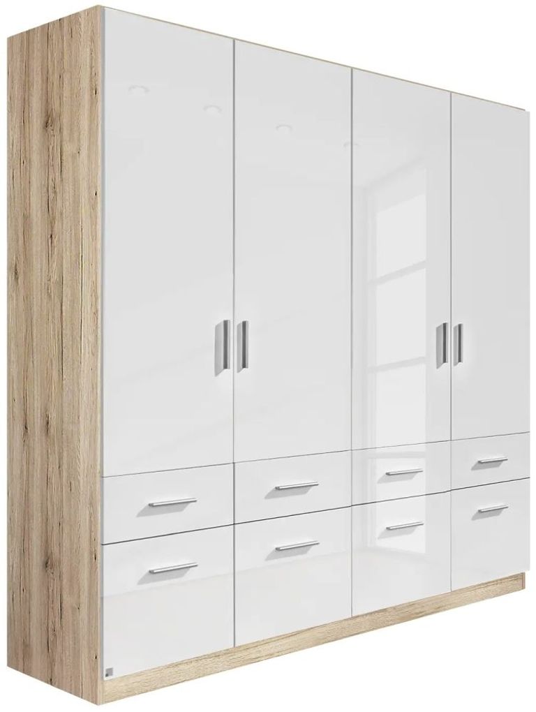 Rauch Celle 181cm Sonoma Oak and White Gloss 4 Door Wardrobe with Drawers