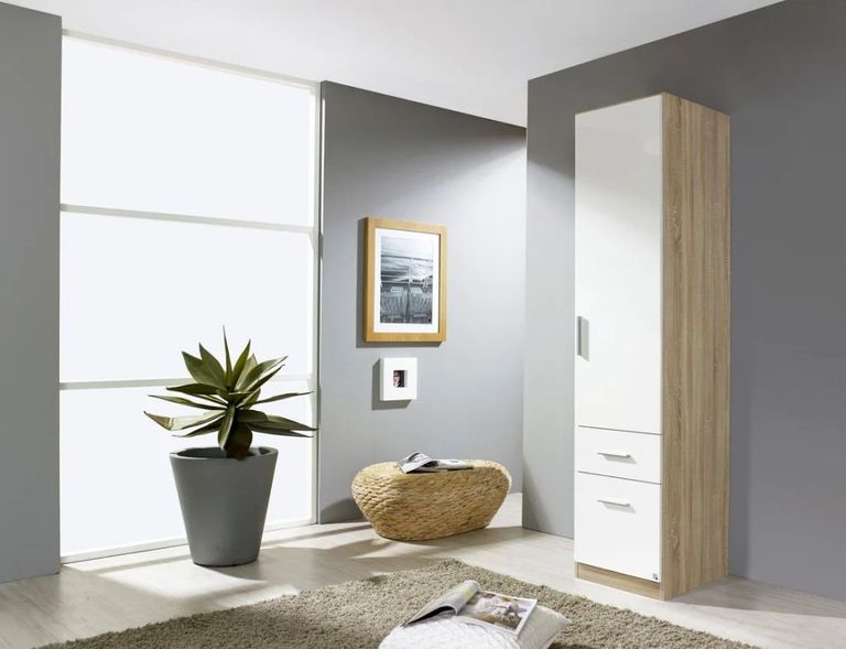 Rauch Celle 47cm Sonoma Oak and White Gloss Wardrobe with Drawers - RH Door