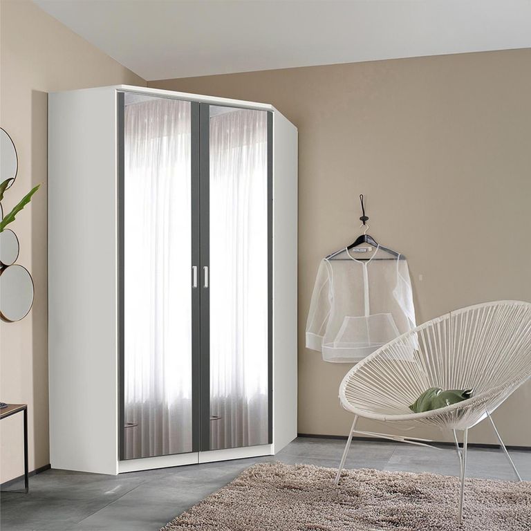 Rauch Celle Matt 117cm 2 Door Corner Wardrobe with Mirror - Alpine White and Metallic Dark Grey