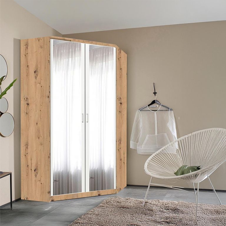 Rauch Celle Matt 117cm 2 Door Corner Wardrobe with Mirror - Artisan Oak and Alpine White