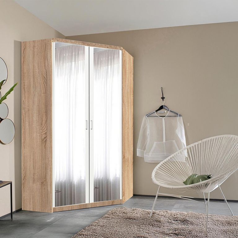 Rauch Celle Matt 117cm 2 Door Corner Wardrobe with Mirror - Sonoma Oak and Alpine White
