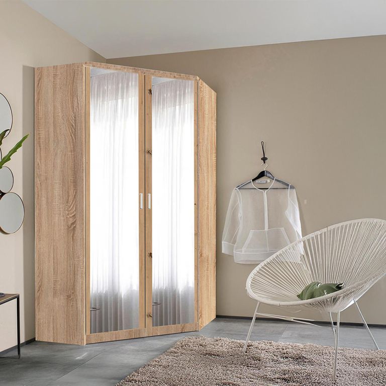 Rauch Celle Matt 117cm 2 Door Corner Wardrobe with Mirror - Sonoma Oak and Artisan Oak