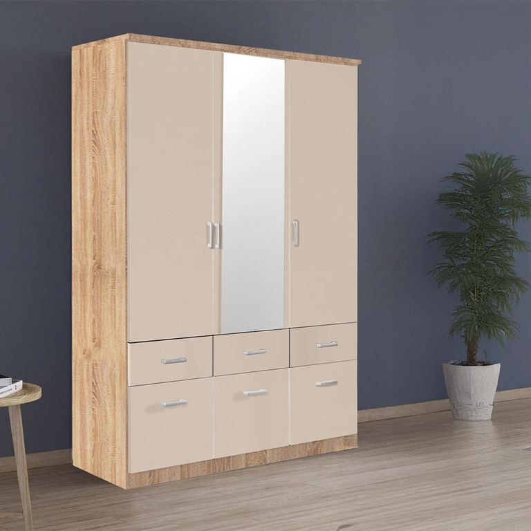 Celle Wardrobe - 136cm - 3 Door - Combi - Sonoma Oak & Champagne