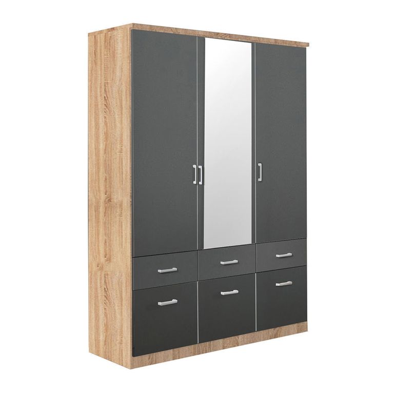 Celle Wardrobe - 136cm - 3 Door - Combi - Sonoma Oak & Metallic Dark Grey