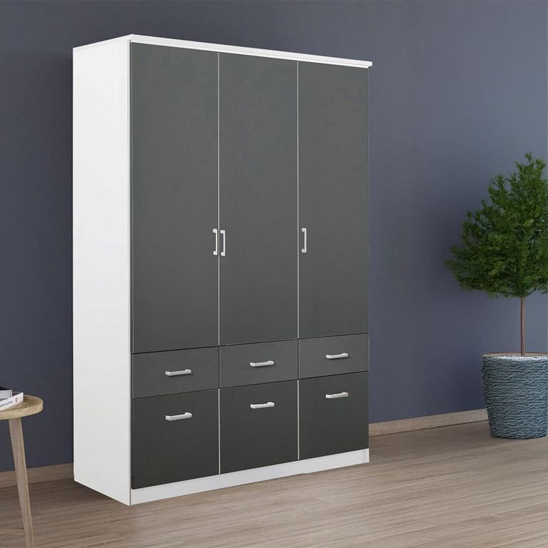 Celle Wardrobe - 136cm - 3 Door - 6 Drawer - Alpine White & Metallic Dark Grey