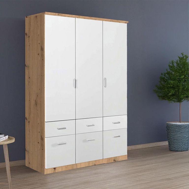 Celle Wardrobe - 136cm - 3 Door - 6 Drawer - Artisan Oak & Alpine White