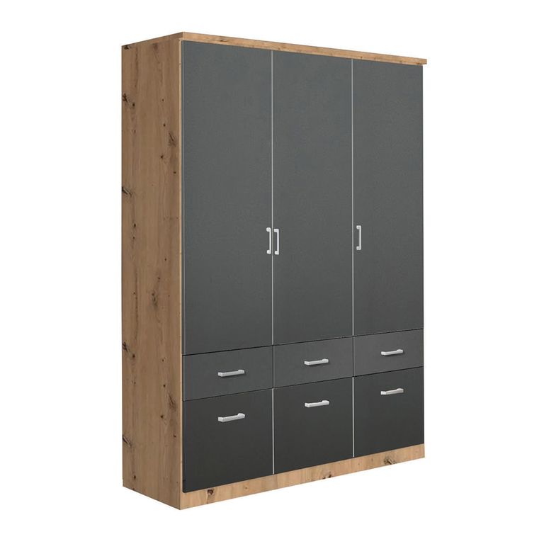 Celle Wardrobe - 136cm - 3 Door - 6 Drawer - Artisan Oak & Metallic Dark Grey