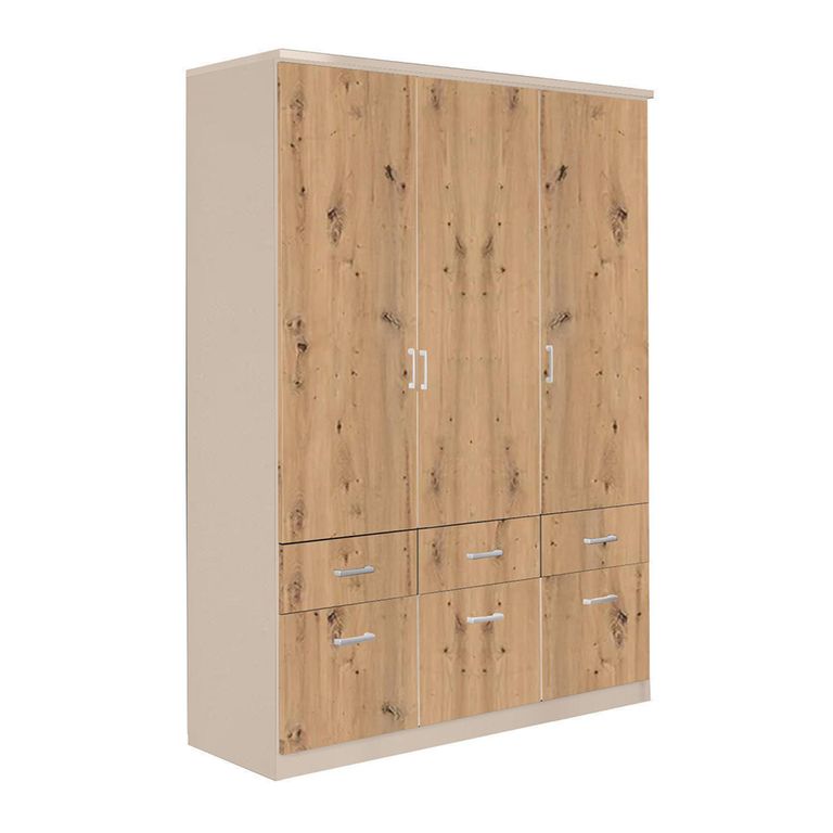 Celle Wardrobe - 136cm - 3 Door - 6 Drawer - Champagne & Artisan Oak
